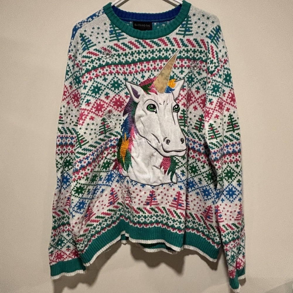 Blizzard Bay Ugly Christmas‎ Sweater Unicorn Bright Colors Womens Size XXL FLAW
